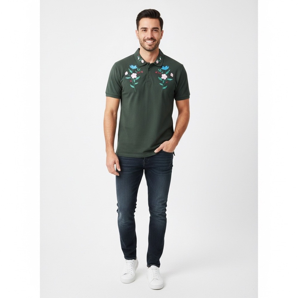 REASON Mens Green Embroidered Floral Polo‎ Shirt Sz L Streetwear Urban Vtg Y2K